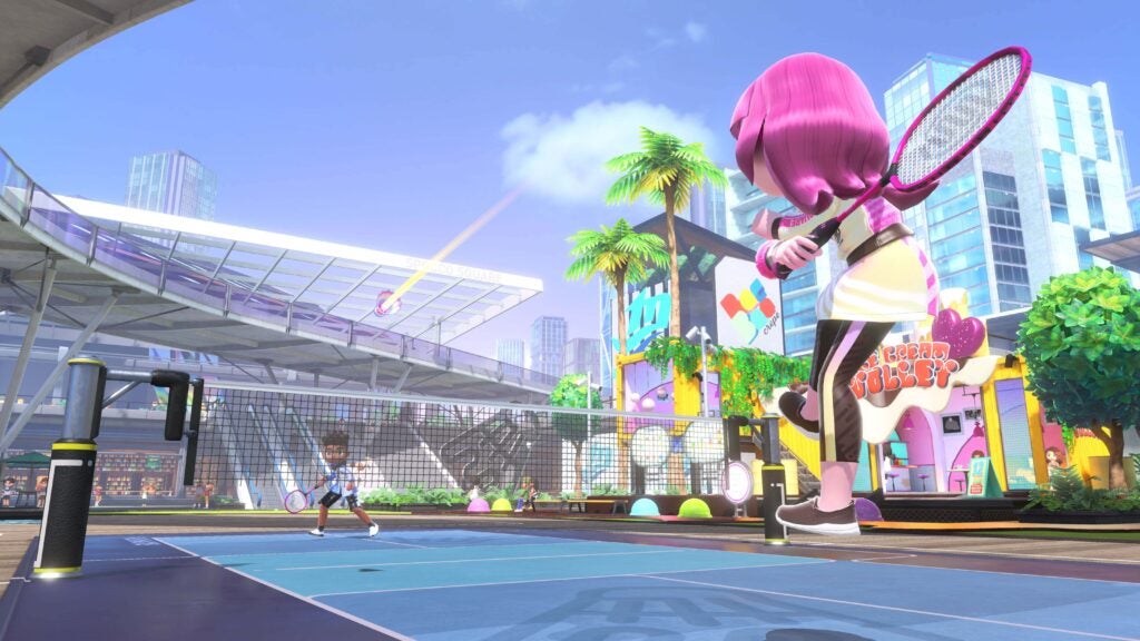 A player about to hit a shuttecock in Badminton in Nintendo Switch Sports