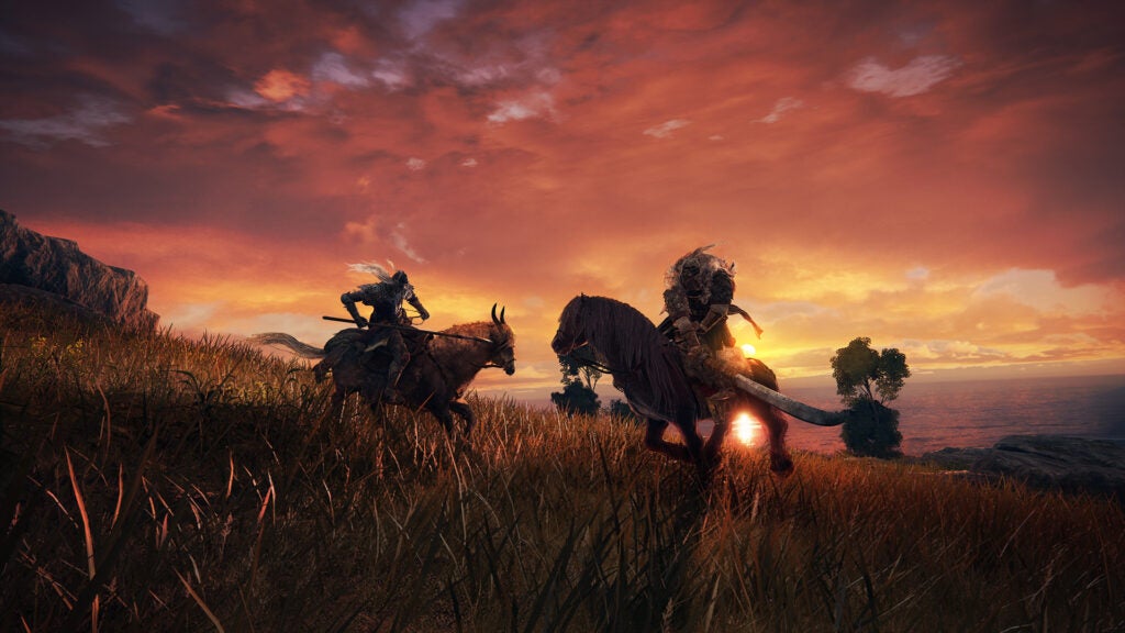 Combat on horseback, with a sun setting in the horizon